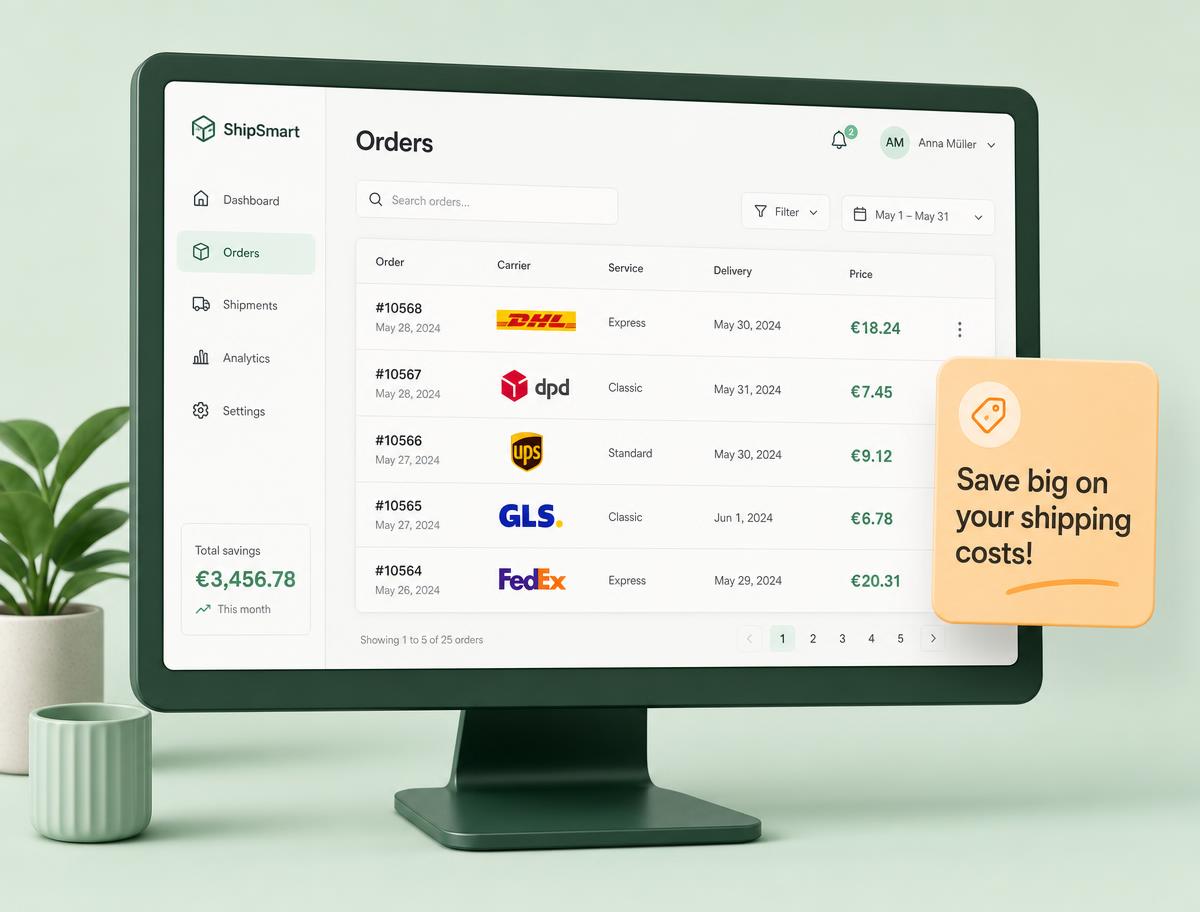Verzendo dashboard showing orders with carrier rates and shipping savings